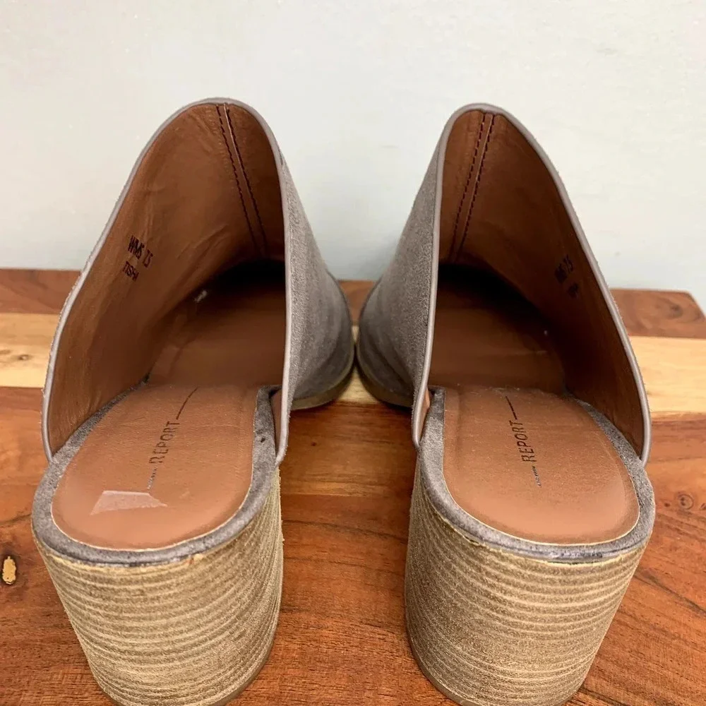 Report Tisha Faux Suede Leather Mules Clogs Pointed Toe Gray Taupe Shoes sz 7.5